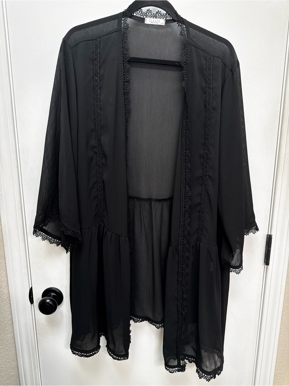 Sheer Black Lace-Trim Open Kimono Robe